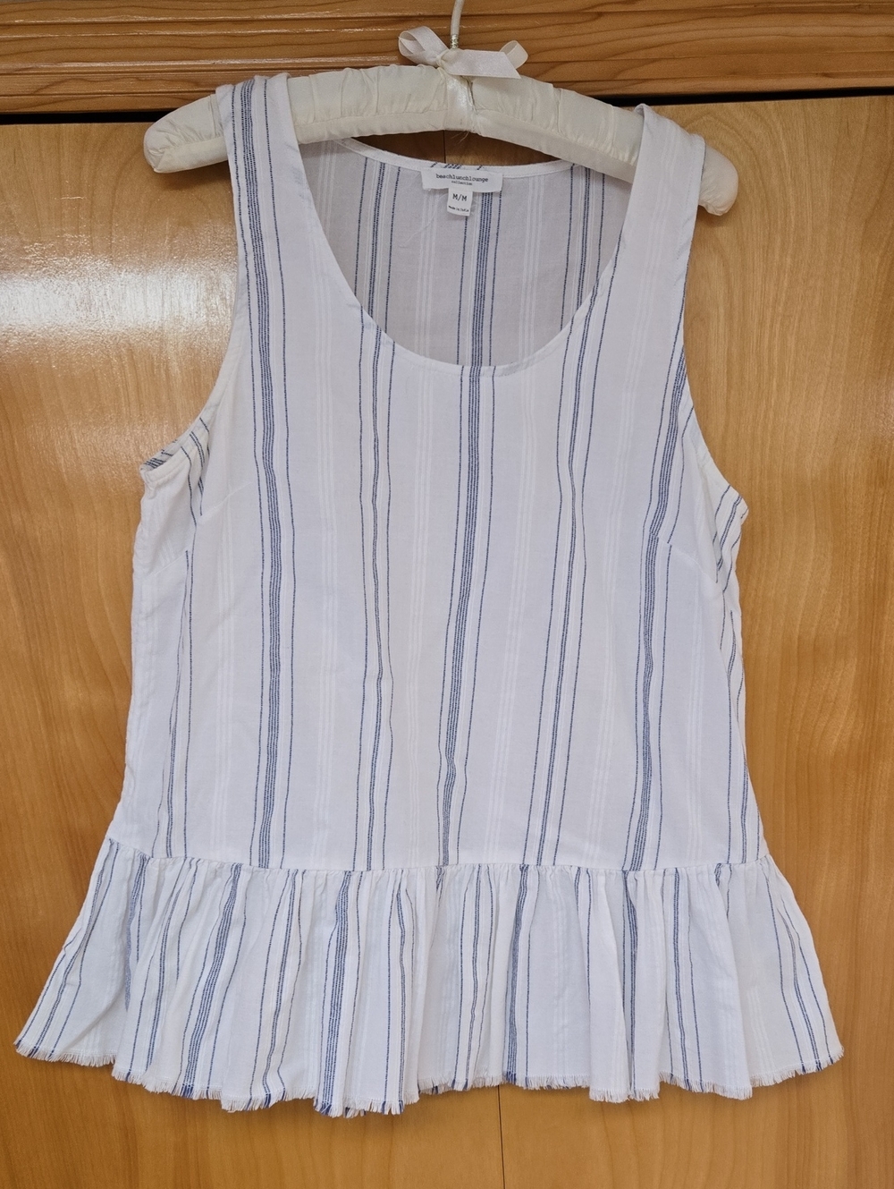 Lightweight Blue White Striped Ruffle Hem Tank Top Laguna Lunch Beach M Medium